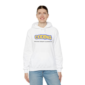 "Coding Because Therapy is Expensive" Unisex Heavy Blend™ Hooded Sweatshirt