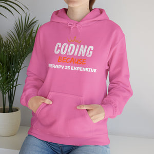 "Coding Because Therapy is Expensive" Unisex Heavy Blend™ Hooded Sweatshirt