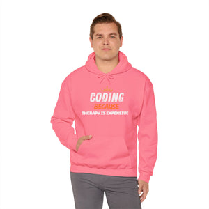 "Coding Because Therapy is Expensive" Unisex Heavy Blend™ Hooded Sweatshirt