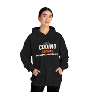 "Coding Because Therapy is Expensive" Unisex Heavy Blend™ Hooded Sweatshirt