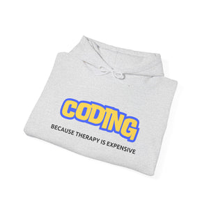 "Coding Because Therapy is Expensive" Unisex Heavy Blend™ Hooded Sweatshirt